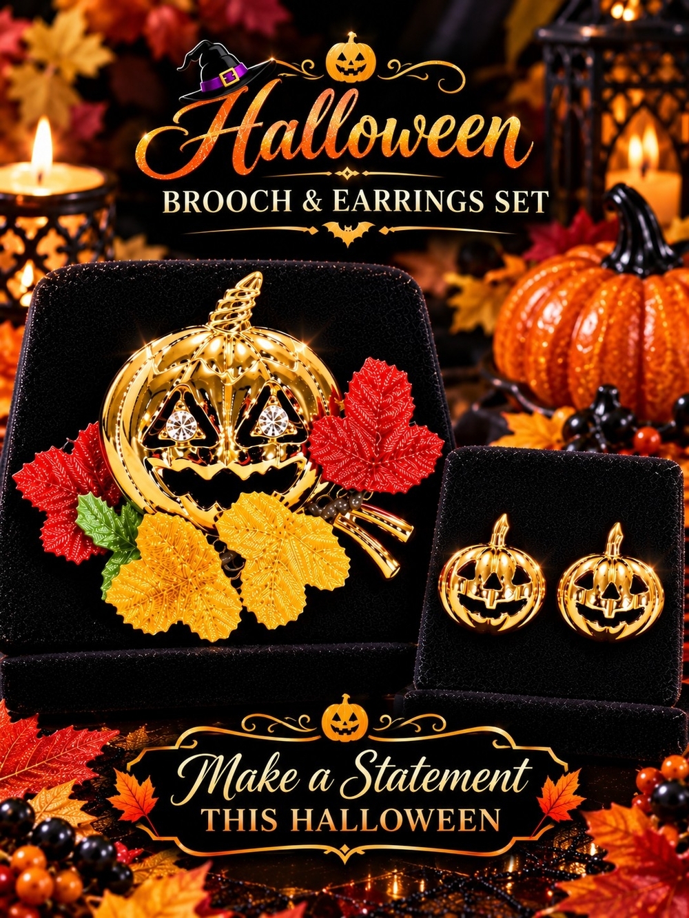 🎃 Halloween Brooch & Earring Set- Gold Tone Jack-O-Lanterns